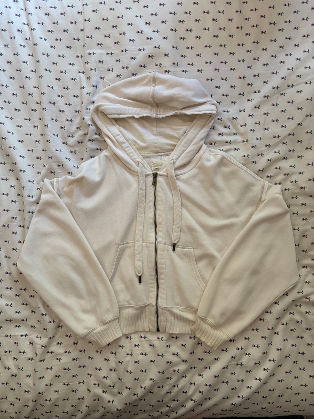 American Eagle Cream Zip-Up Cropped Hoodie